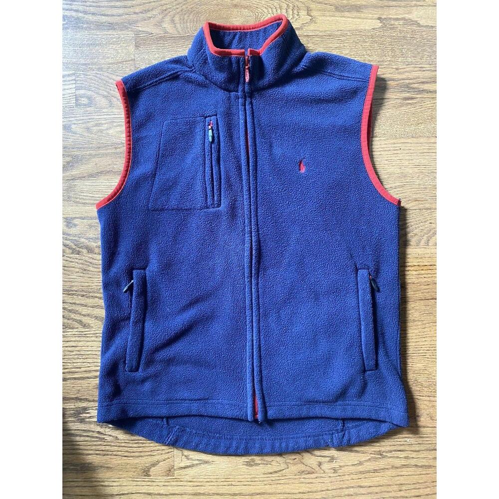 VTG POLO Ralph Lauren Fleece Vest Spellout Collar Navyl Blue/Red Trim Size M